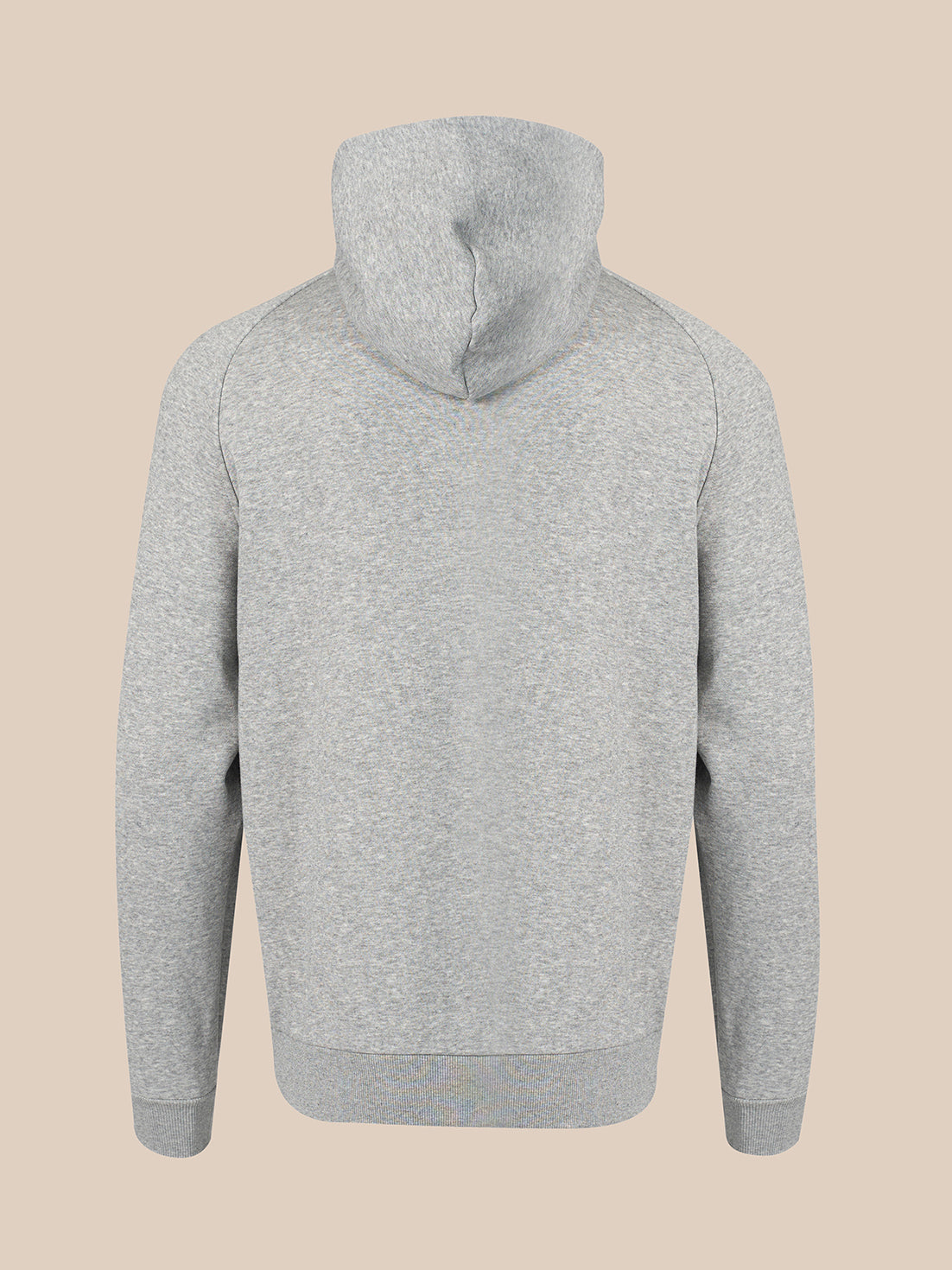 A light gray heathered hoodie shown from the back, featuring a simple stitched hood and ribbed cuffs and hem, set against a solid beige background.