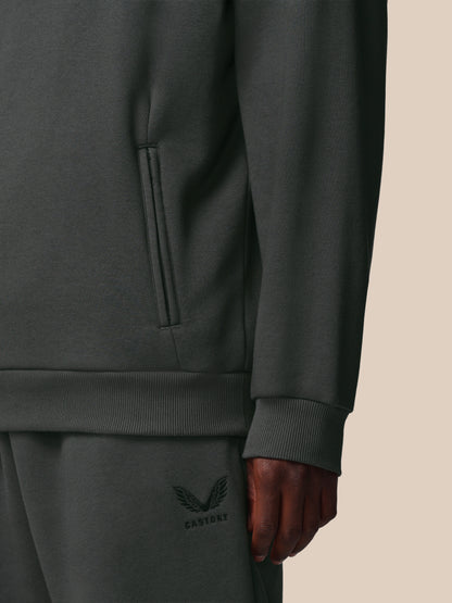 Dark gray sweatshirt with a brand logo on a beige background