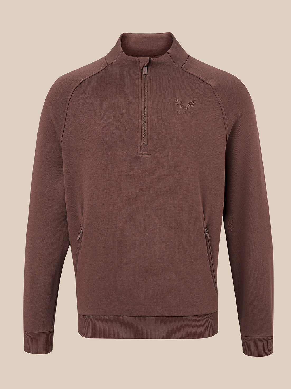 A men's brown quarter-zip pullover sweatshirt with a small tonal embroidered logo on the left chest, displayed on a neutral beige background.