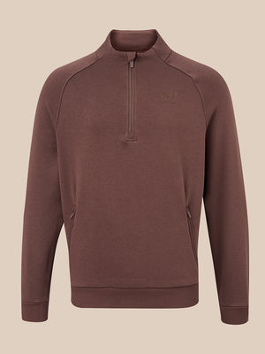 A men's brown quarter-zip pullover sweatshirt with a small tonal embroidered logo on the left chest, displayed on a neutral beige background.
