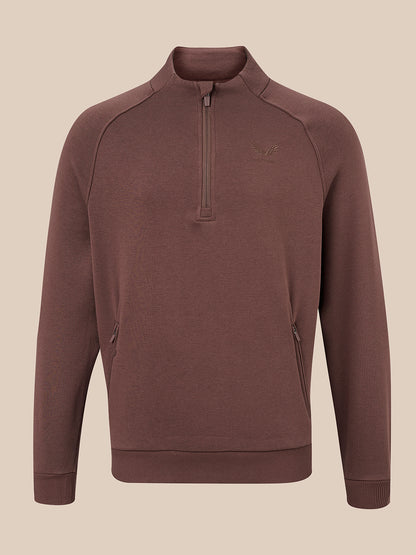A men's brown quarter-zip pullover sweatshirt with a small tonal embroidered logo on the left chest, displayed on a neutral beige background.