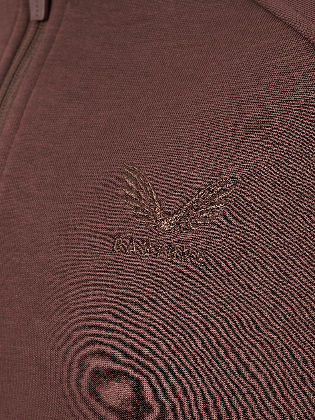 Close-up of a ribbed knit garment in a muted mauve-brown color, featuring an embossed winged logo and the word CASTORE on the chest.