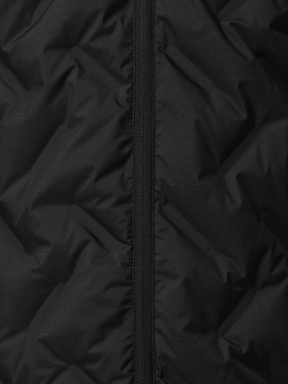 Close-up of a black quilted jacket with zipper