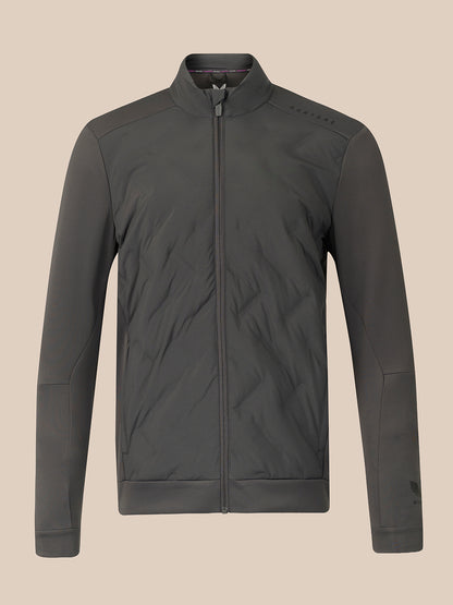 A dark gray full-zip jacket with a stand-up collar, shown on a solid beige background.