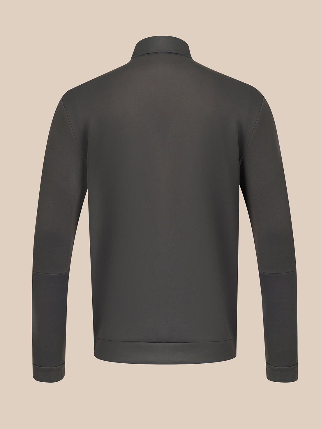A dark gray long-sleeve quarter-zip pullover jacket shown from the back, displayed on a neutral beige background.