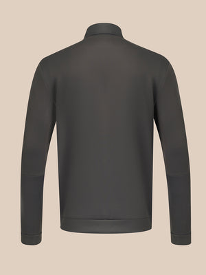 A dark gray long-sleeve quarter-zip pullover jacket shown from the back, displayed on a neutral beige background.