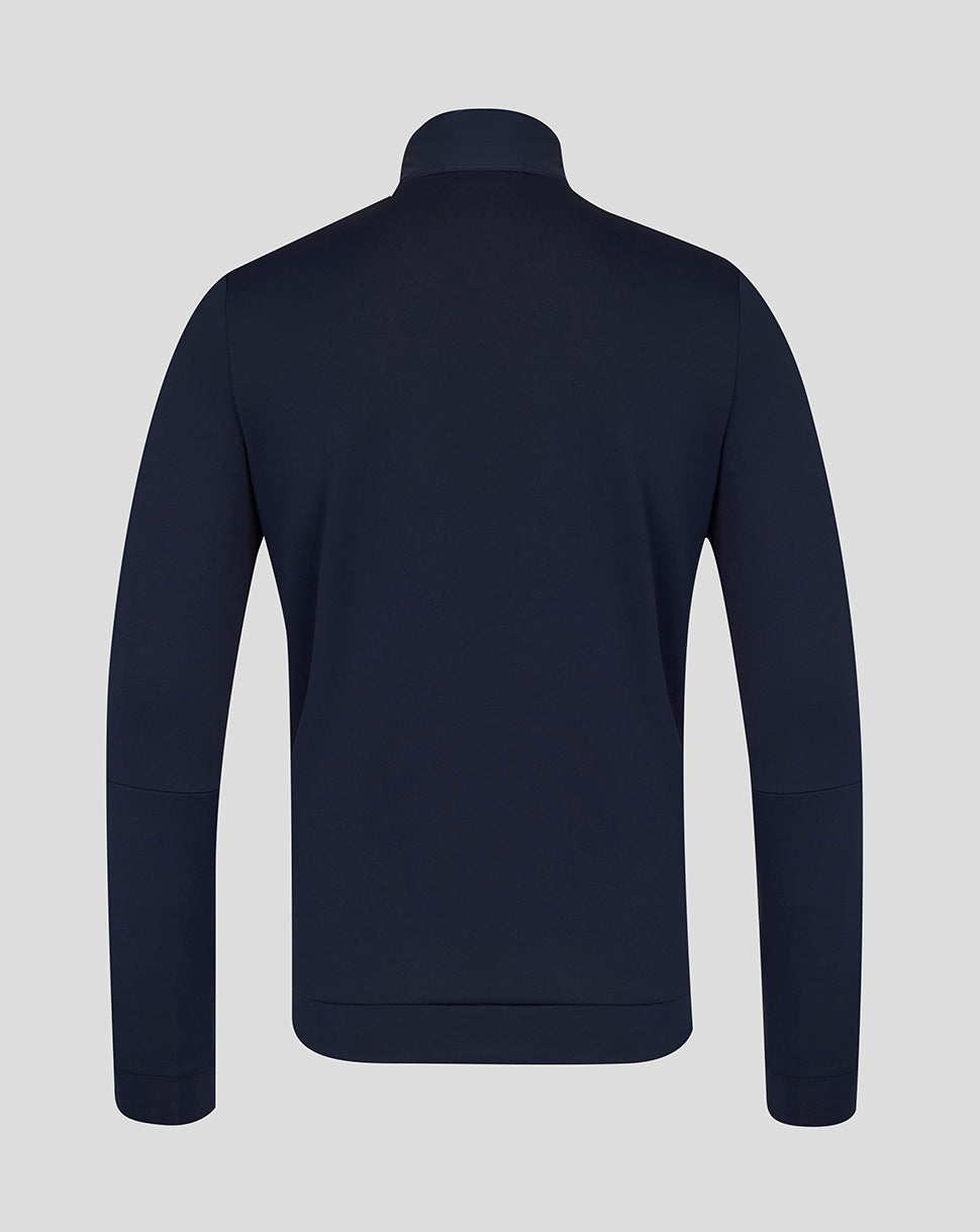 Navy blue half-zip jacket on a light gray background