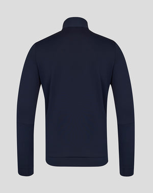 Navy blue half-zip jacket on a light gray background