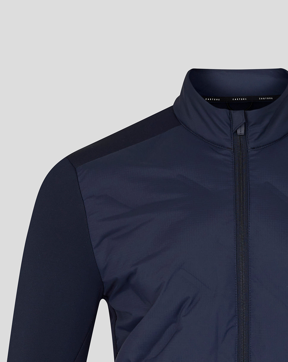 Navy blue jacket with a zipper on a light gray background