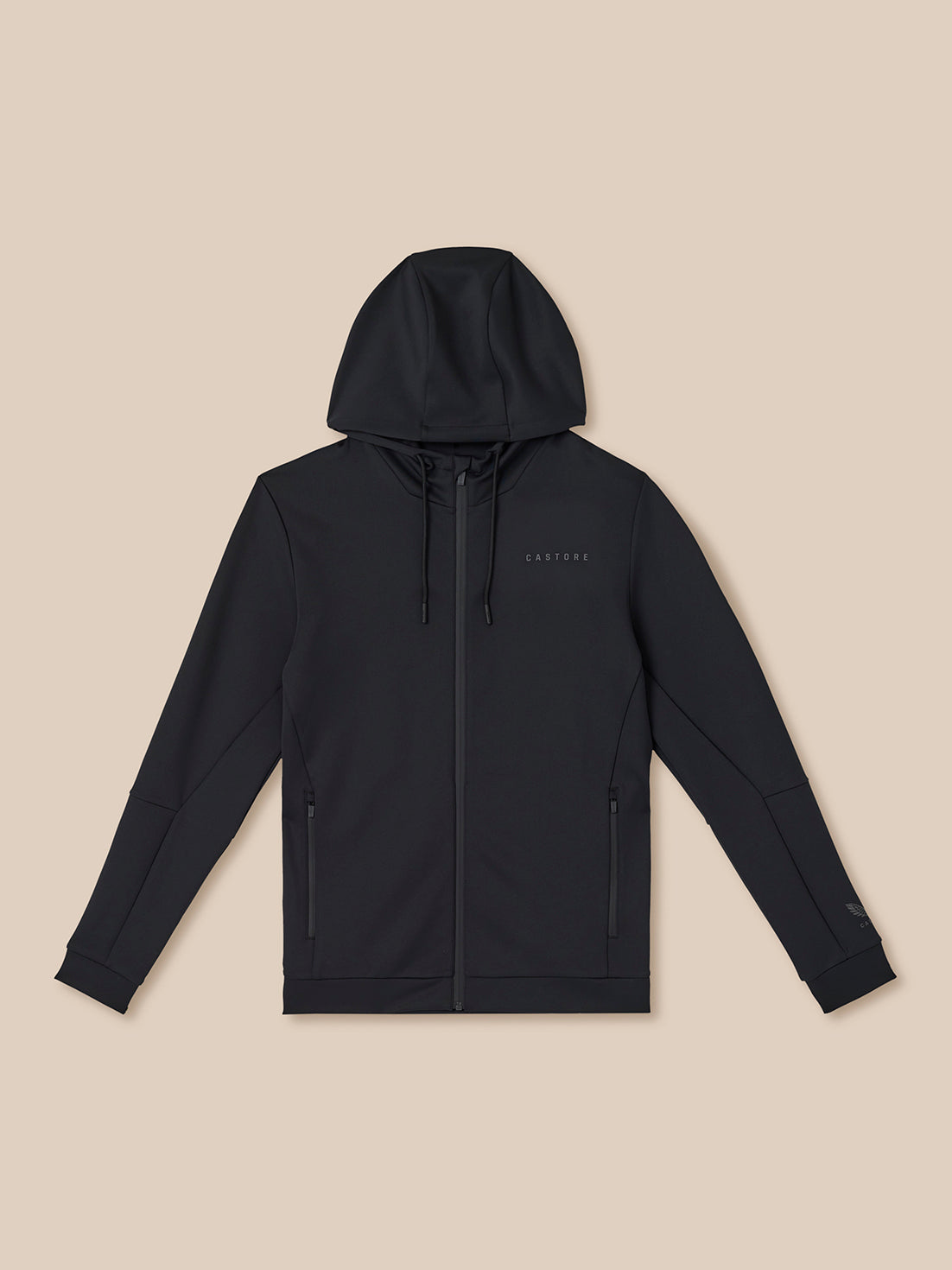 Black hoodie with a brand logo on a beige background