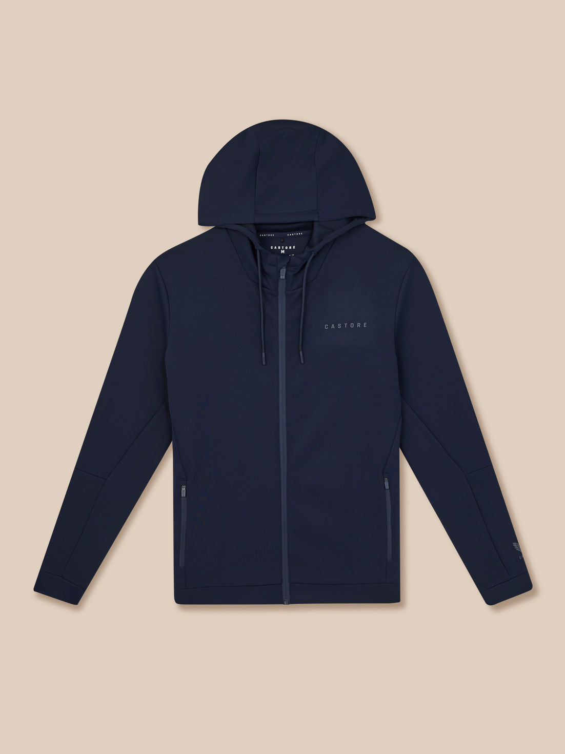 Navy blue hoodie with a brand logo on a beige background