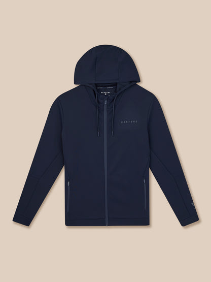 Navy blue hoodie with a brand logo on a beige background
