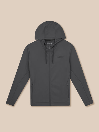 Dark gray hoodie with a brand logo on a beige background