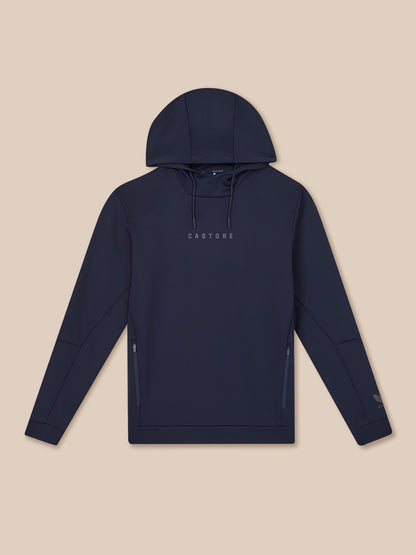 Navy blue hoodie with brand logo on a beige background