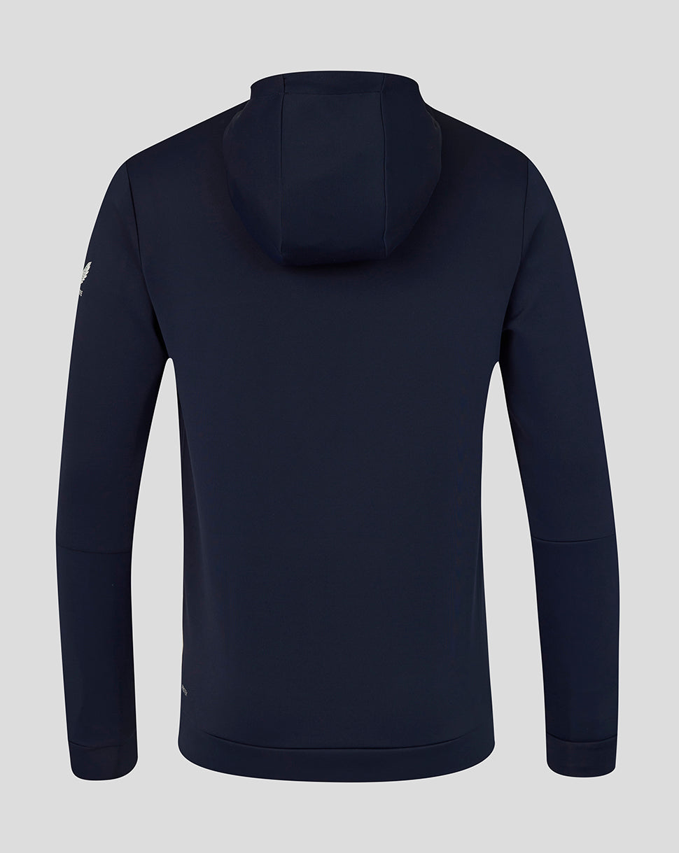Navy blue hoodie shown from the back on a light gray background