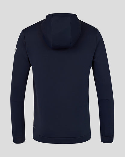 Navy blue hoodie shown from the back on a light gray background