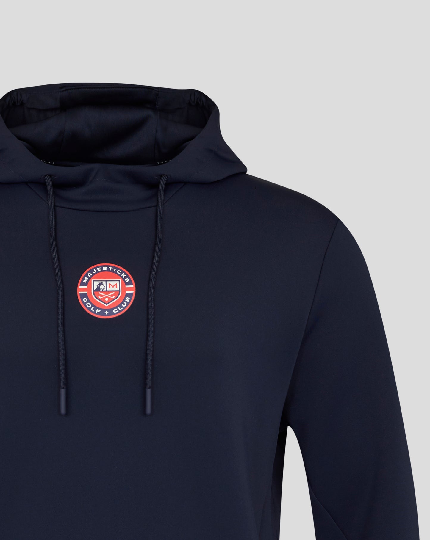 Navy blue hoodie with the Majesticks logo on a light gray background