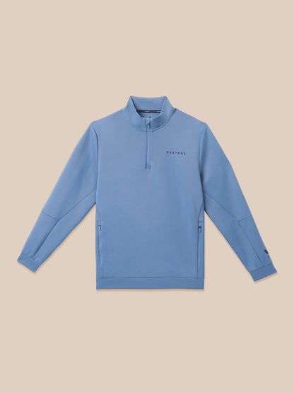 Moonlight Blue Castore quarter-zip sweatshirt laid flat with chest logo and zip pockets