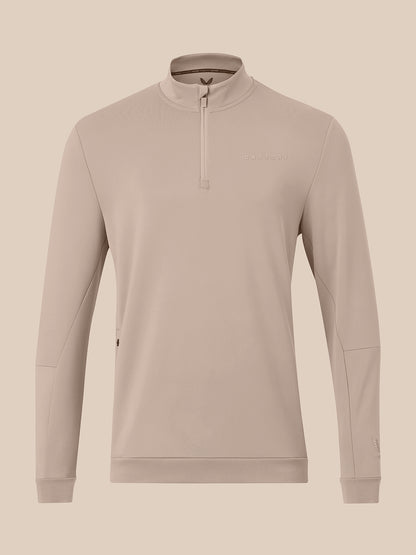 Taupe men's flex long sleeve quarter zip top with Castore logo on chest and zip pockets