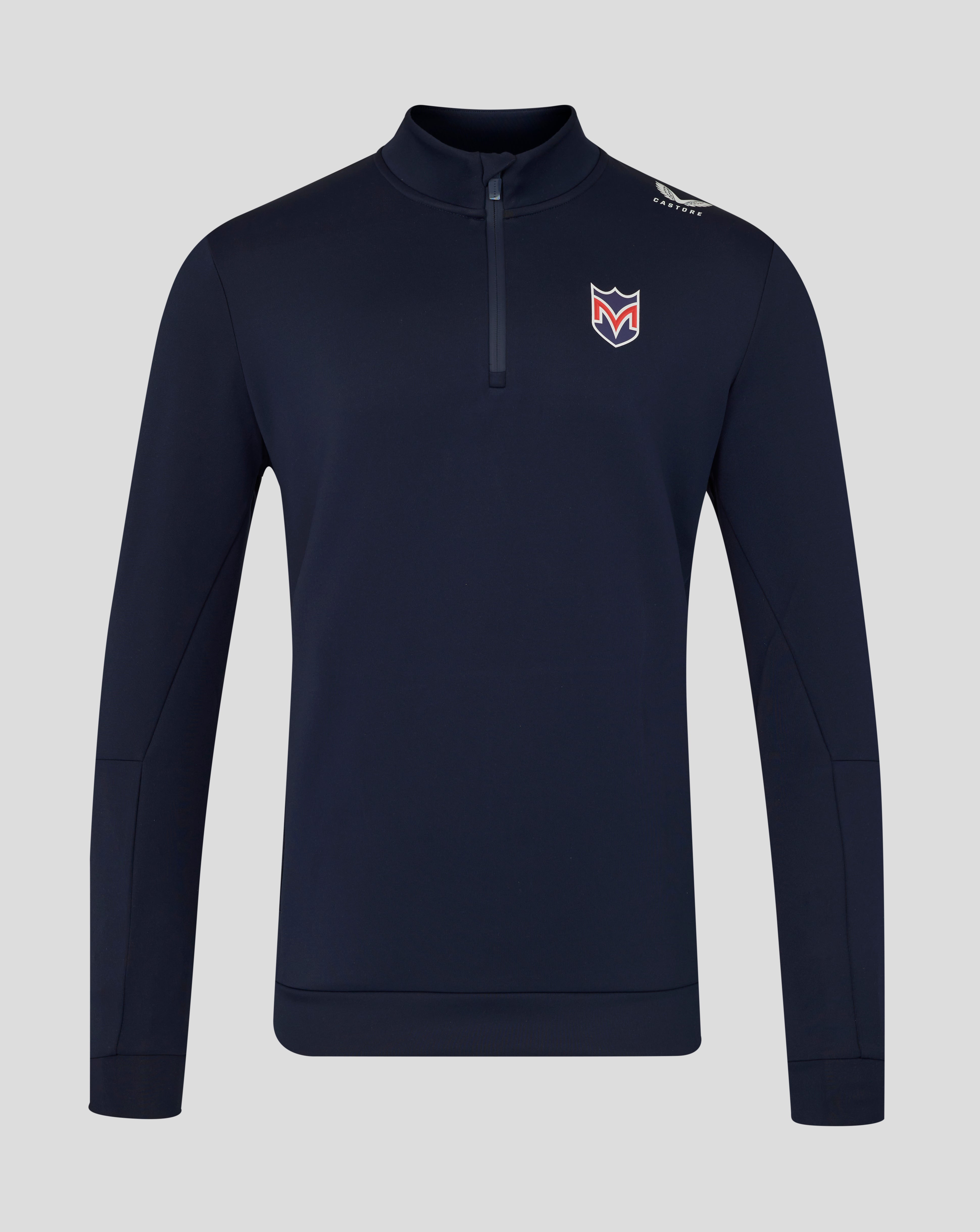 Navy long-sleeve shirt with a logo on a light gray background