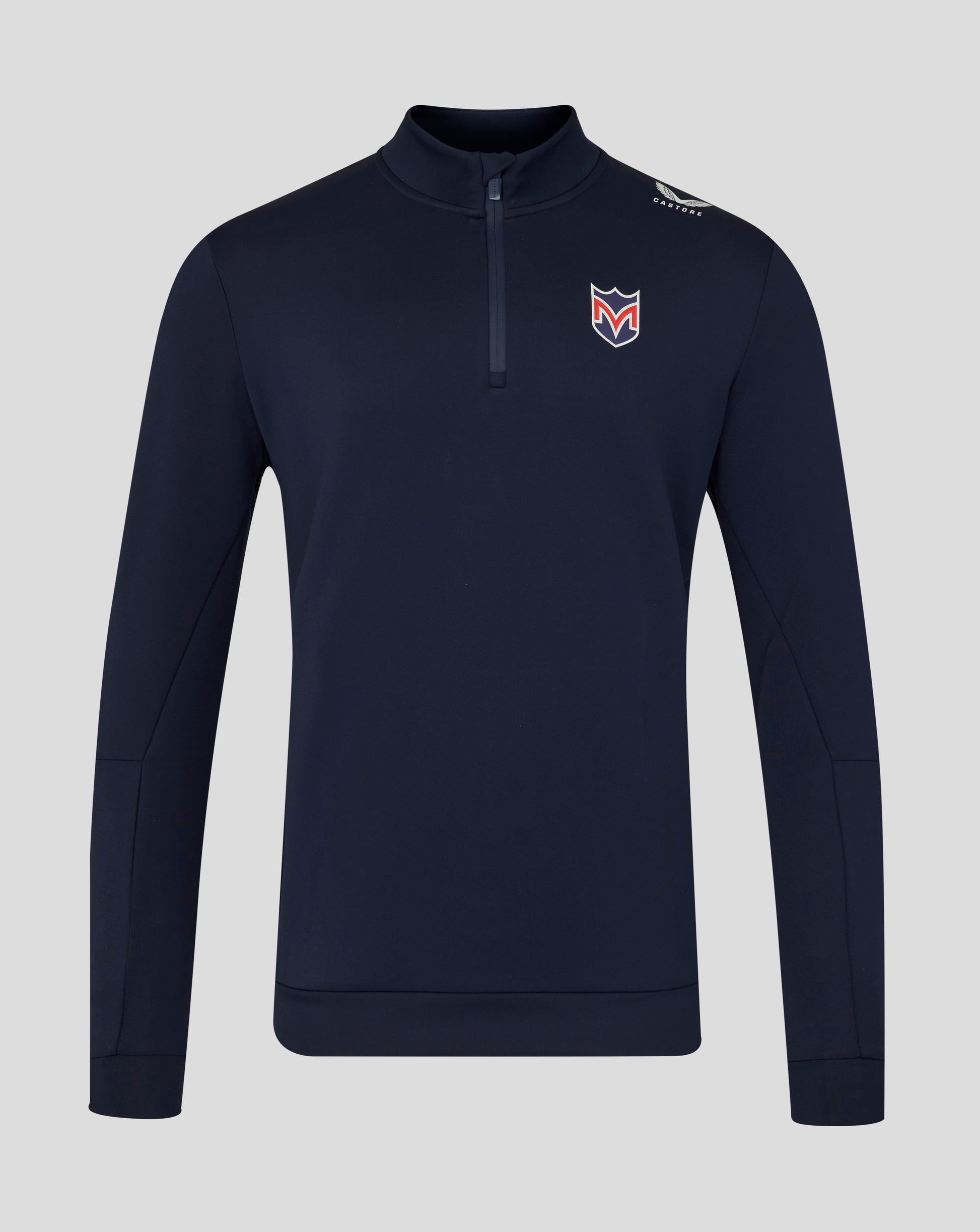 Navy long-sleeve shirt with a logo on a light gray background