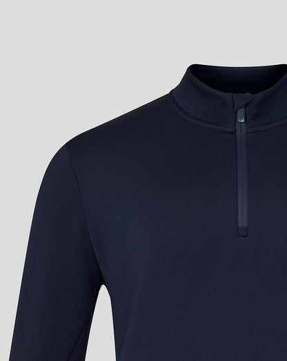 Navy blue long-sleeve shirt with a quarter zip on a light gray background