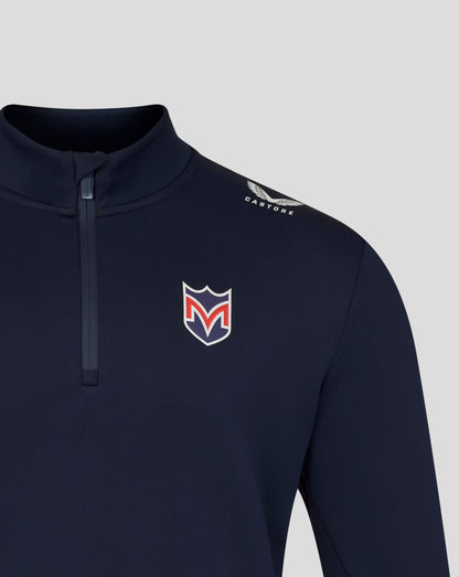 Navy blue pullover with a logo on a light gray background