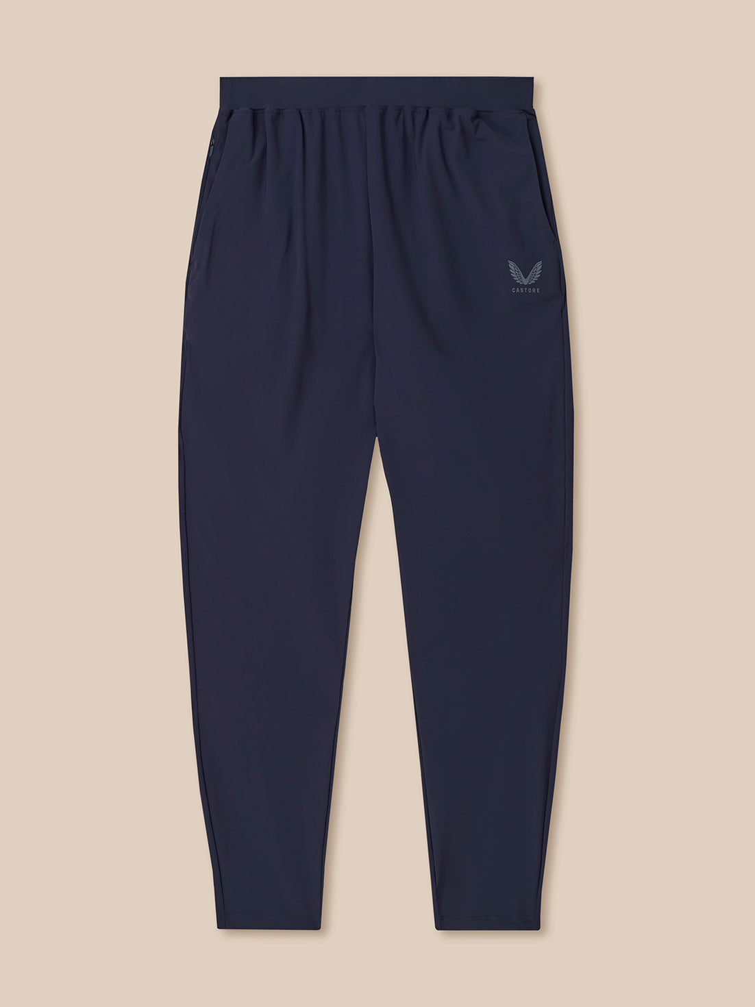 Navy blue pants with a logo on a beige background