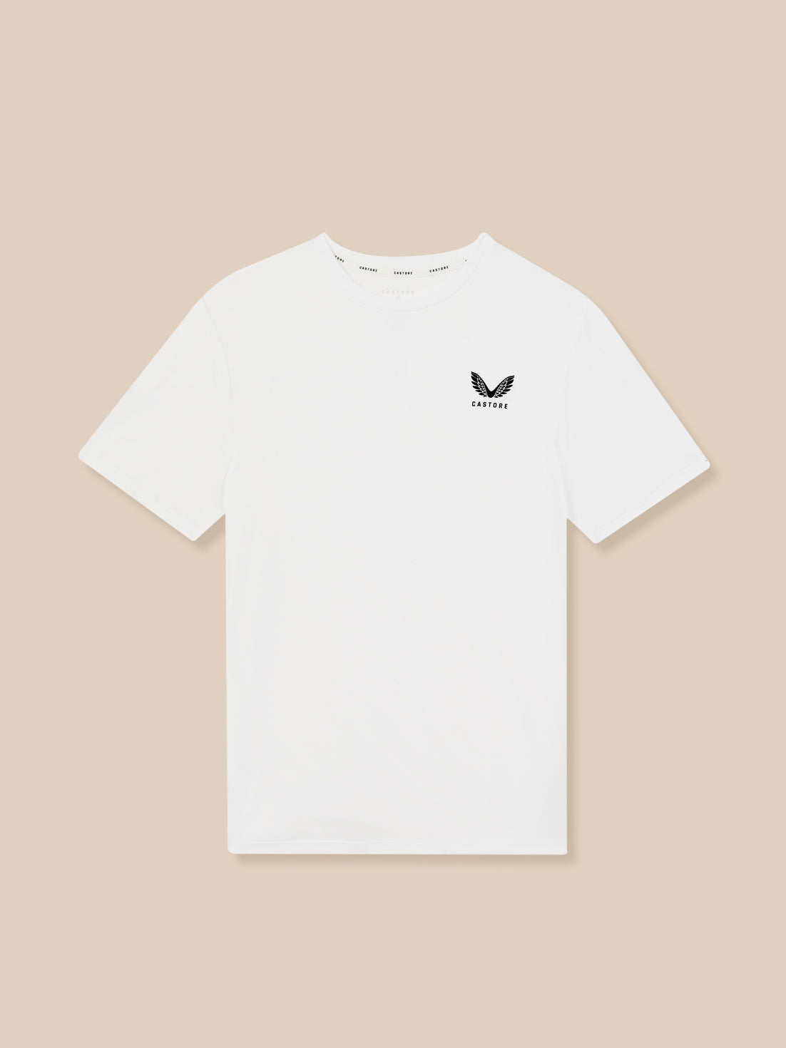 White t-shirt with a black logo on a beige background