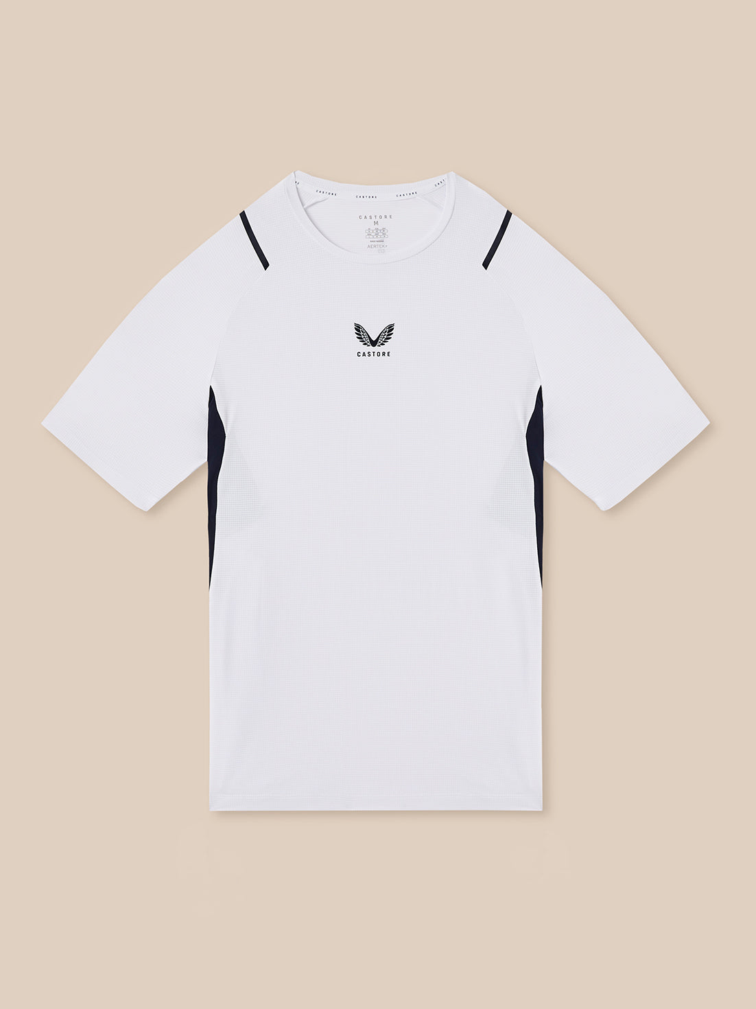 White t-shirt with black accents on a beige background
