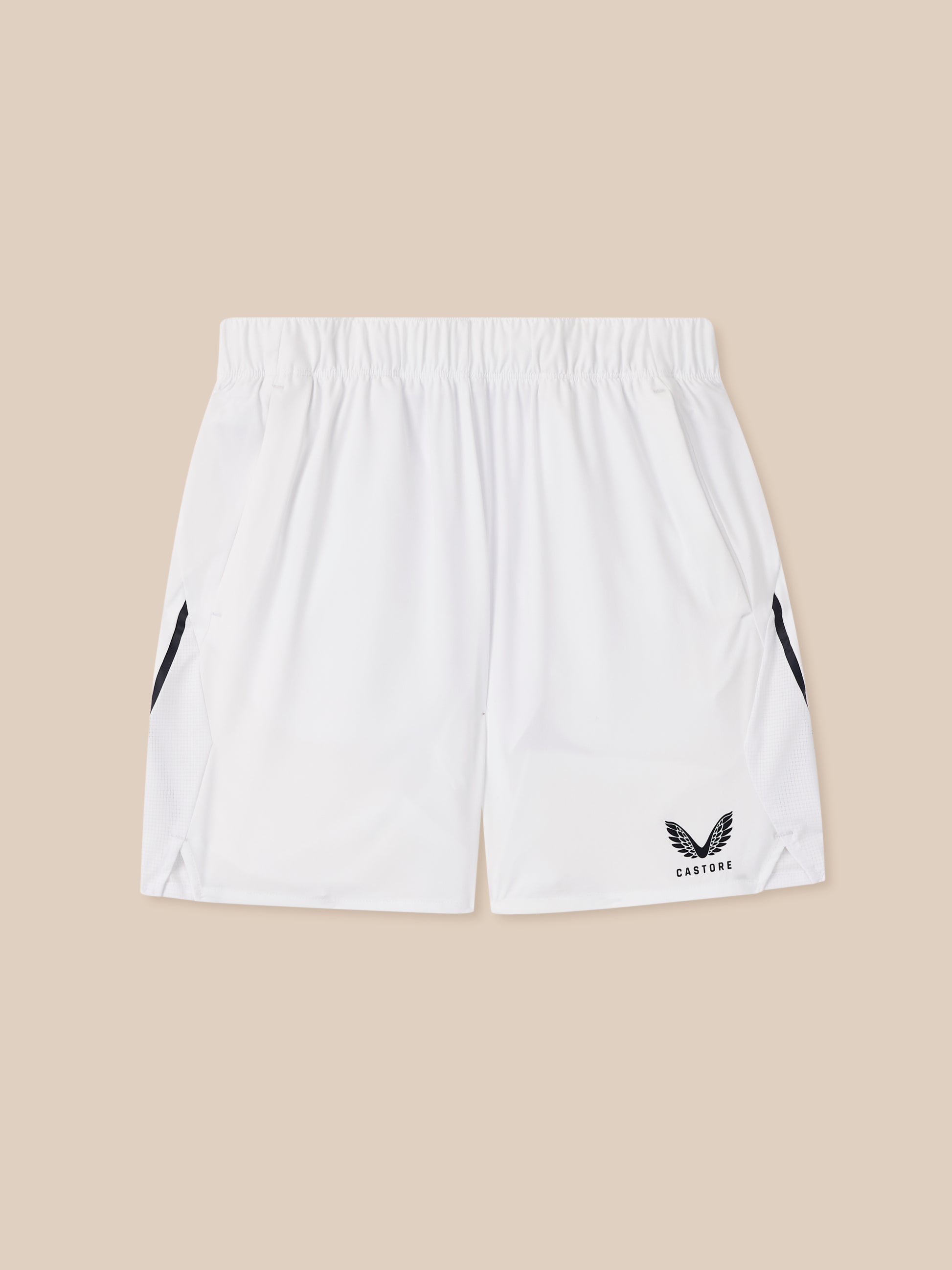 White shorts with black logo on a beige background