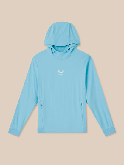 Light blue hoodie with a brand logo on a beige background