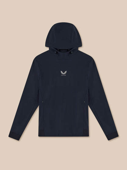 Navy blue hoodie with a logo on a beige background