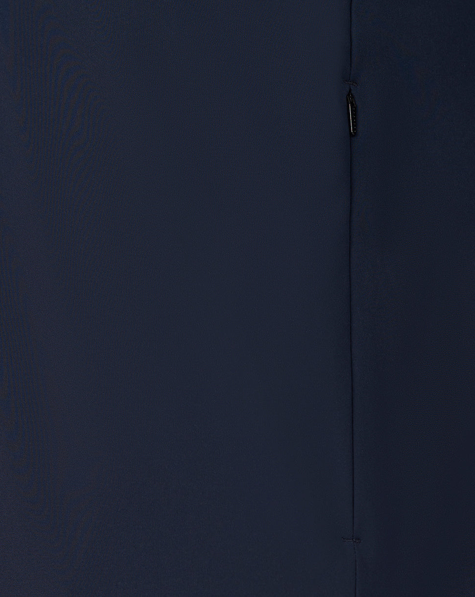 Close-up of a dark blue fabric texture with a zipper detail.