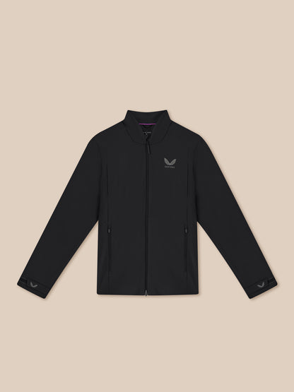 Black jacket with a brand logo on a beige background