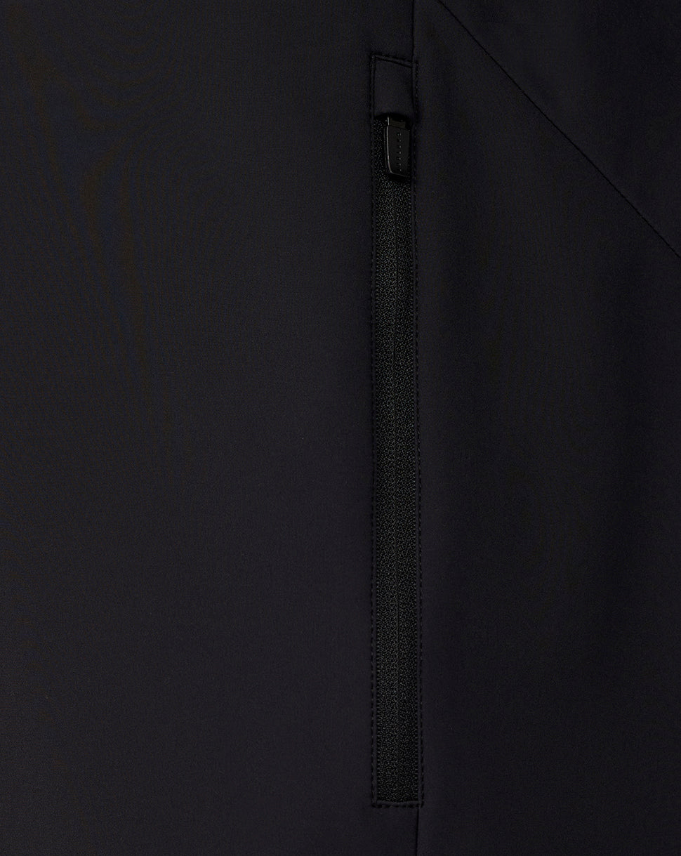 Close-up of a black jacket with a zipper detail on a plain background