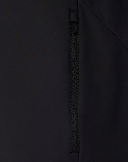 Close-up of a black jacket with a zipper detail on a plain background