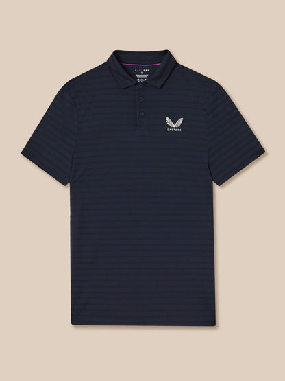 Navy striped polo shirt with a logo on a beige background