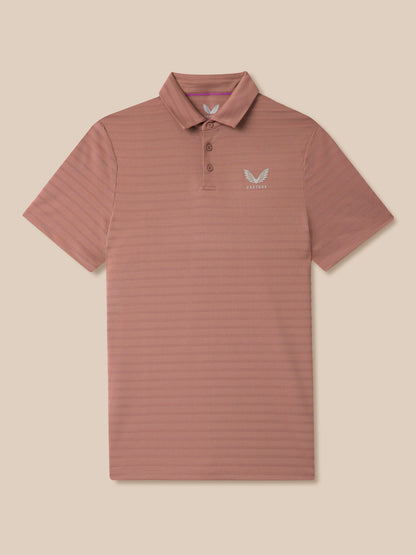 Brown striped polo shirt with a logo on a beige background