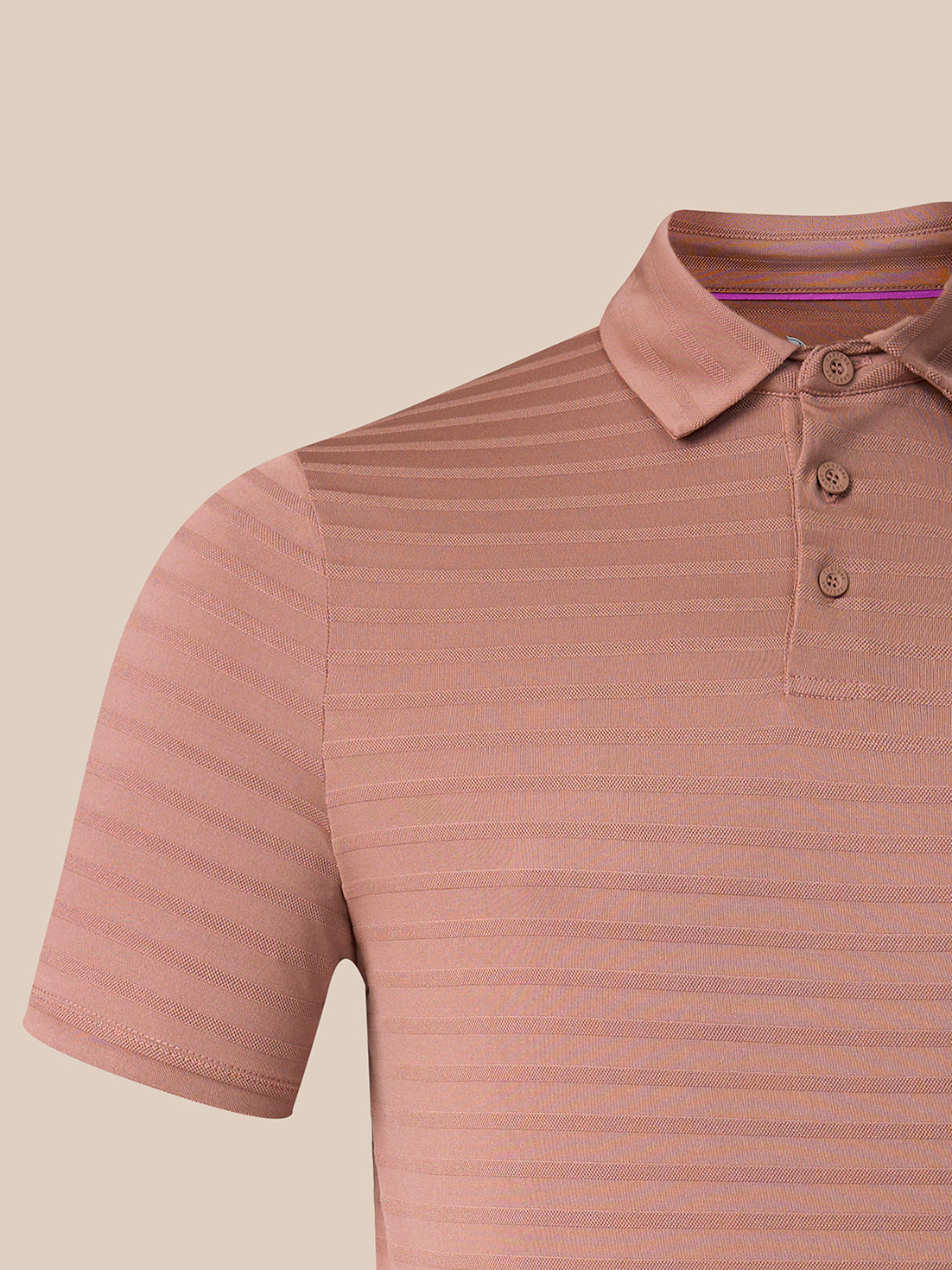 Close-up of a short-sleeve polo shirt in a dusty rose pink color with fine horizontal stripes, featuring a three-button placket and a classic collar.