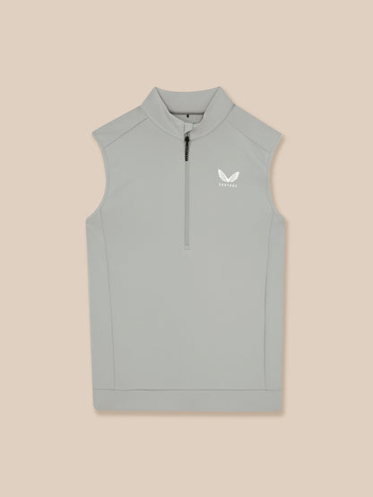 Gray sleeveless vest with a brand logo on a beige background