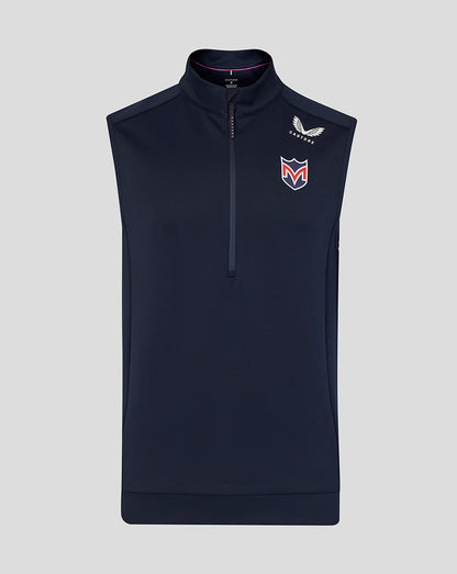 Navy sleeveless jacket with the Majesticks logo on a light gray background