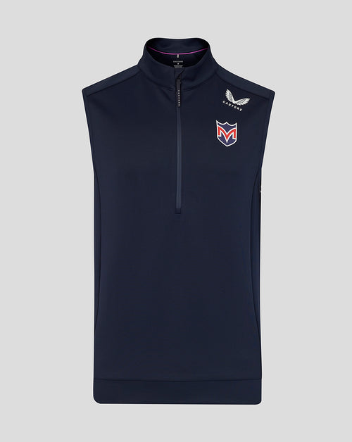 Navy sleeveless jacket with the Majesticks logo on a light gray background