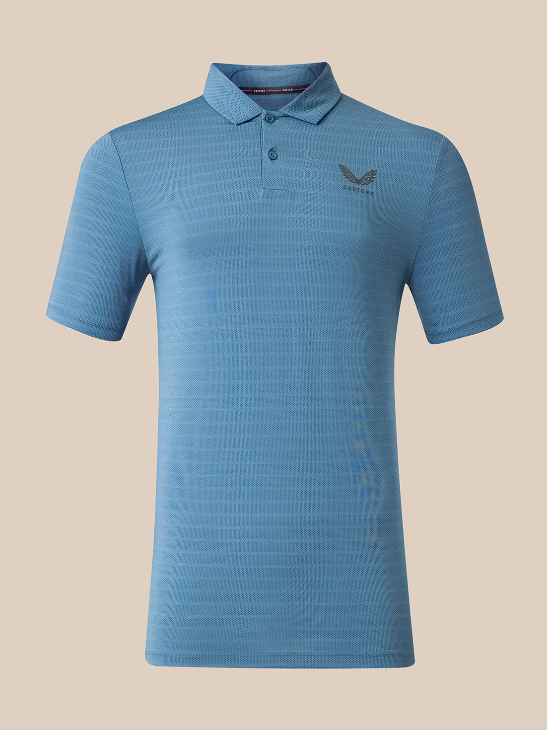 A light blue short-sleeve polo shirt with a subtle horizontal stripe pattern and a dark gray embroidered wing logo on the left chest, displayed on a solid beige background.