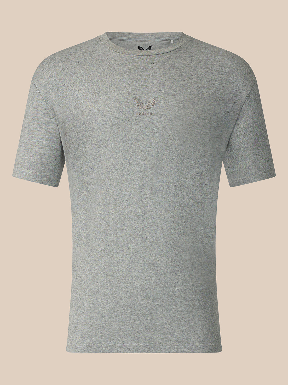 A heather gray short-sleeve crewneck t-shirt with a small tonal embroidered eagle logo and the word 'CASTORE' on the center chest, displayed against a solid light beige background.