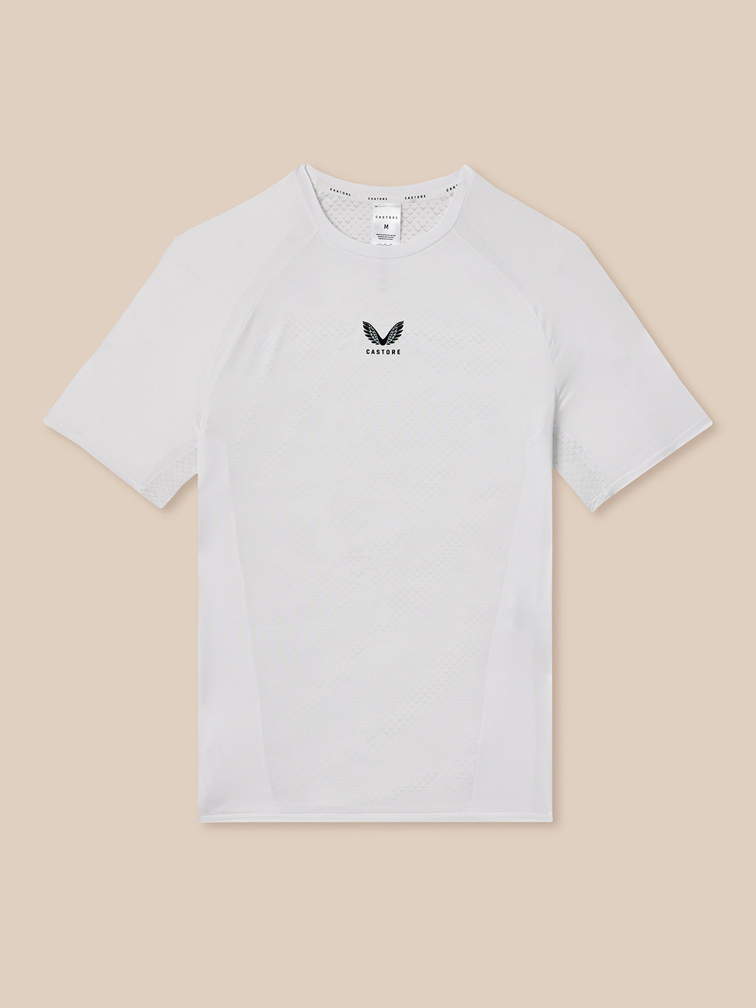 White t-shirt with a logo on a beige background