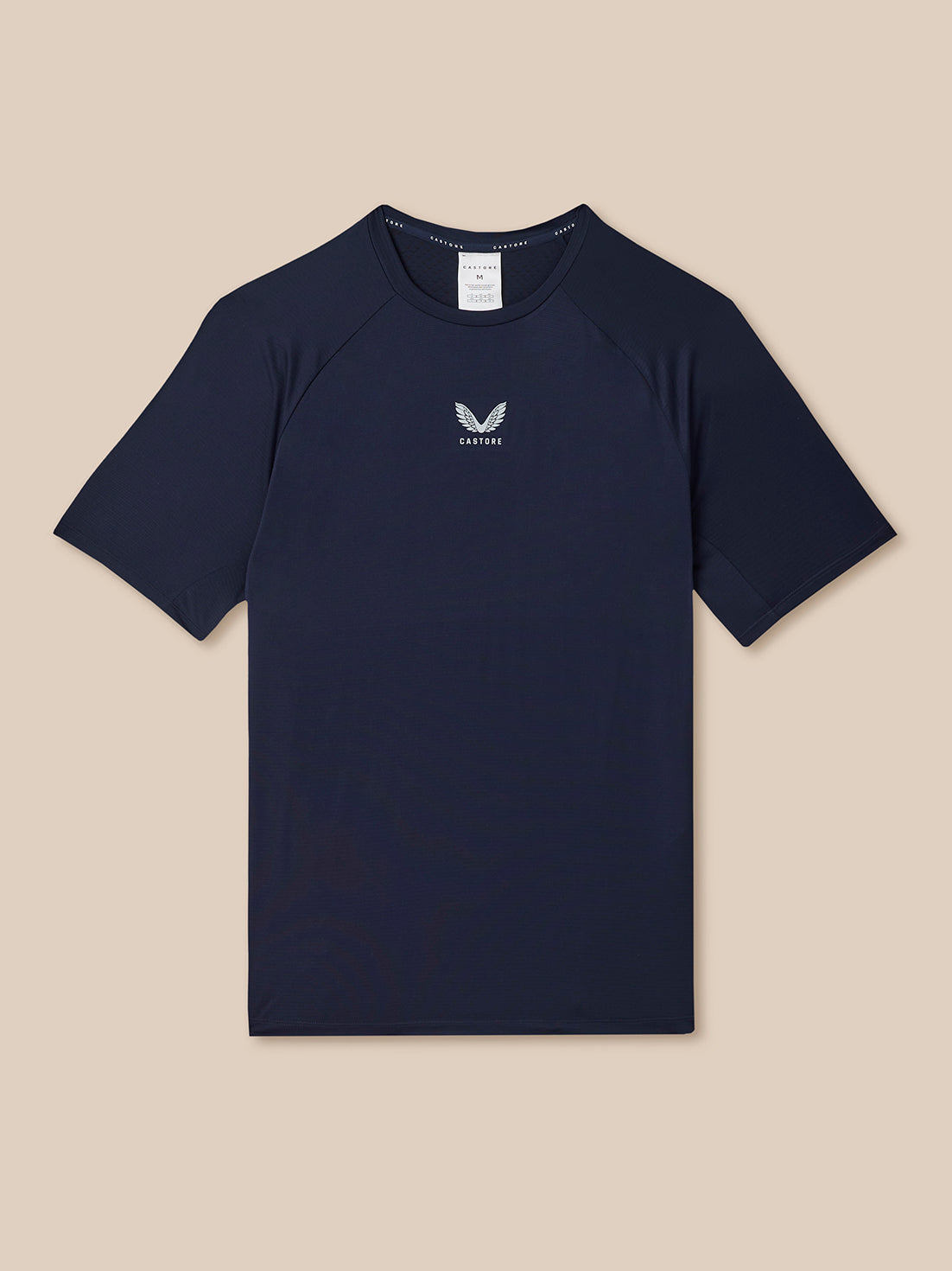 Navy blue t-shirt with a logo on a beige background