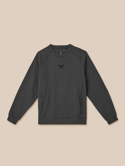Dark gray sweatshirt with a logo on a beige background