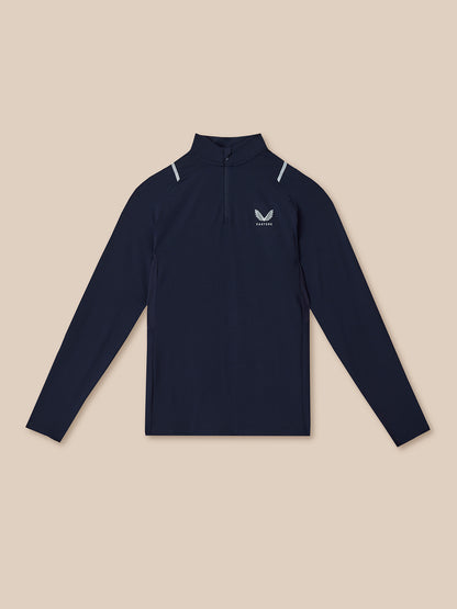 Navy long-sleeve shirt with a logo on a beige background