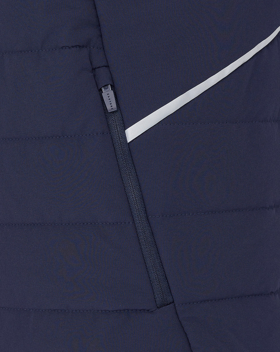 Navy blue jacket with a white stripe on the sleeve